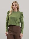 Blusa Feminina em Algodão Premium Manga Longa Bufante Lisa Clara Verde Oliva