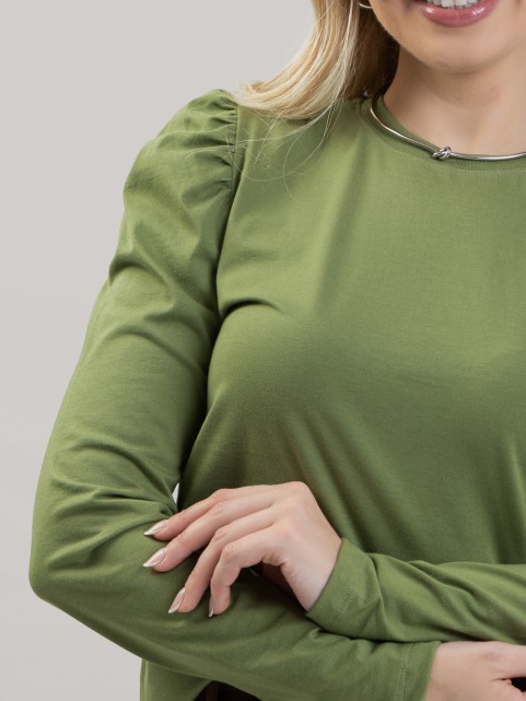 Blusa Feminina em Algodão Premium Manga Longa Bufante Lisa Clara Verde Oliva