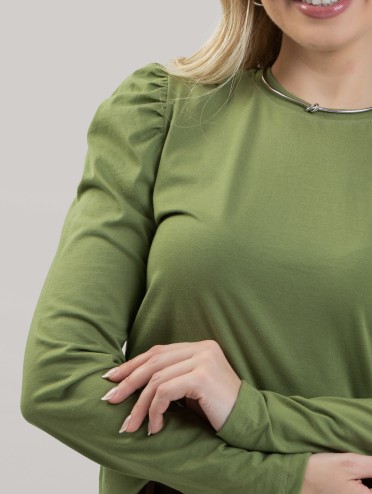 Blusa Feminina em Algodão Premium Manga Longa Bufante Lisa Clara Verde Oliva