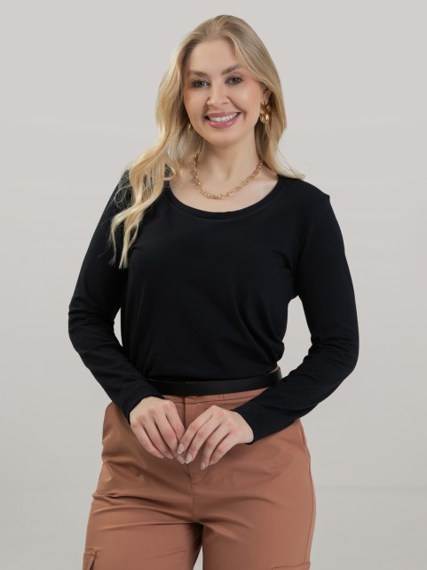 Blusa Feminina em Cotton Premium Decote U com Manga Longa Lisa Lia Preto