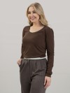 Blusa Feminina em Cotton Premium Decote U com Manga Longa Lisa Lia Marrom Café