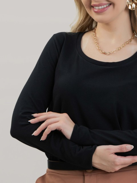 Blusa Feminina em Cotton Premium Decote U com Manga Longa Lisa Lia Preto