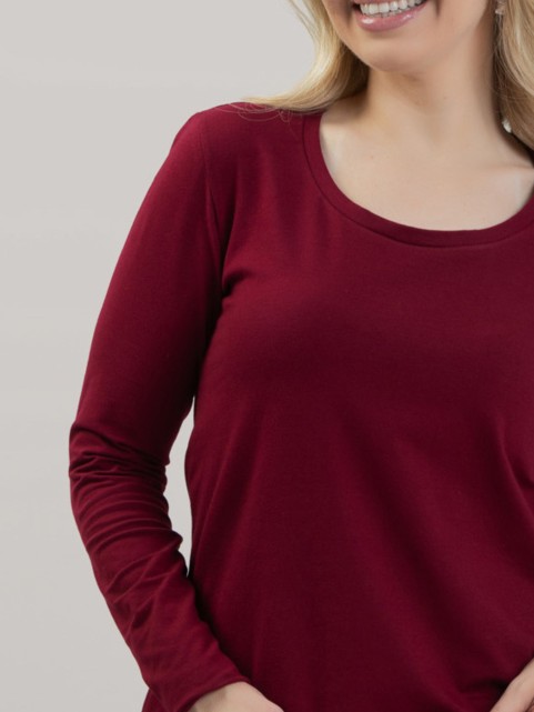 Blusa Feminina em Cotton Premium Decote U com Manga Longa Lisa Lia Vinho