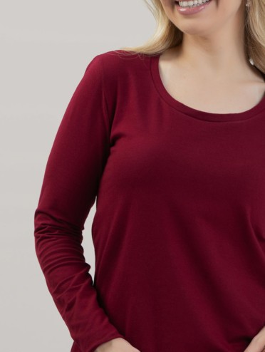Blusa Feminina em Cotton Premium Decote U com Manga Longa Lisa Lia Vinho