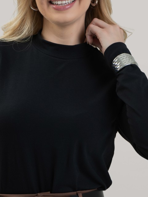 Blusa Feminina em Cotton Premium Gola Alta com Manga Longa Lisa Nina Preto
