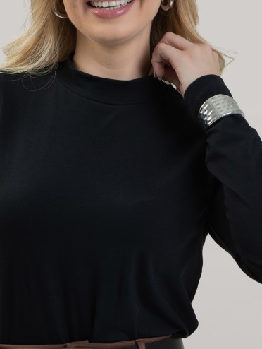 Blusa Feminina em Cotton Premium Gola Alta com Manga Longa Lisa Nina Preto