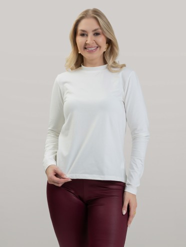 Blusa Feminina em Cotton Premium Gola Alta com Manga Longa Lisa Nina Off White