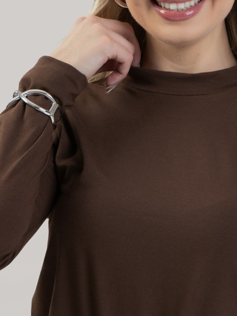 Blusa Feminina em Cotton Premium Gola Alta com Manga Longa Lisa Nina Marrom Café