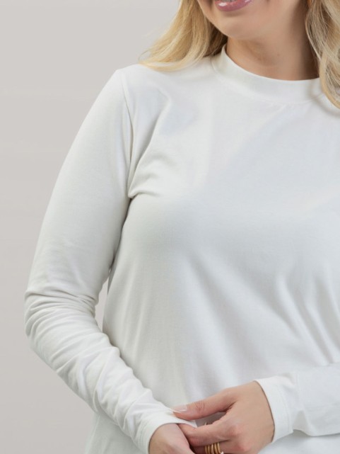 Blusa Feminina em Cotton Premium Gola Alta com Manga Longa Lisa Nina Off White