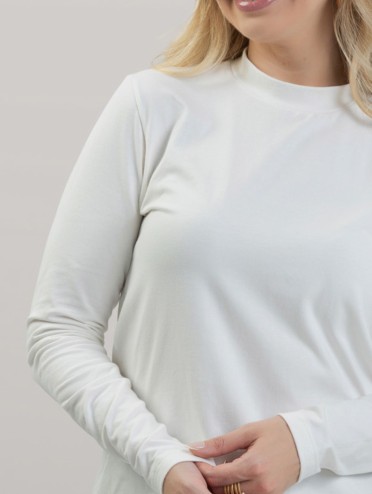 Blusa Feminina em Cotton Premium Gola Alta com Manga Longa Lisa Nina Off White