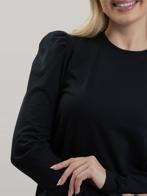 Blusa Feminina Manga Longa Bufante de Algodão Lisa Clara Preto