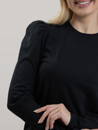Blusa Feminina Manga Longa Bufante de Algodão Lisa Clara Preto
