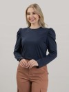 Blusa Feminina Manga Longa Bufante de Algodão Lisa Clara Marinho