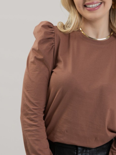 Blusa Feminina Manga Longa Bufante de Algodão Lisa Clara Marrom