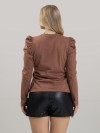 Blusa Feminina Manga Longa Bufante de Algodão Lisa Clara Marrom