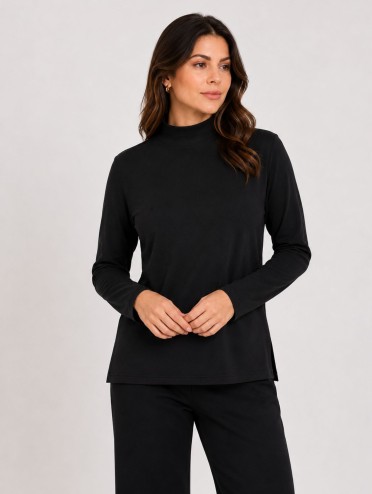 Blusa Feminina Canelada Gola Alta e Manga Longa Helena Preto