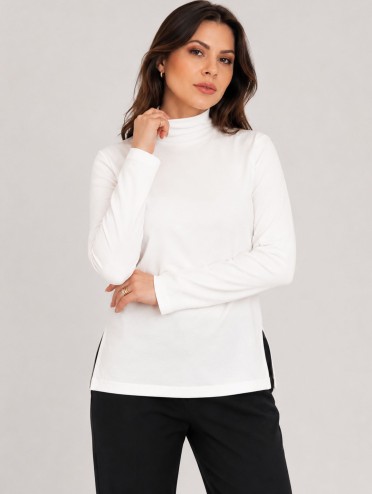 Blusa Feminina Canelada Gola Alta e Manga Longa Helena Off White