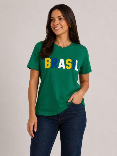 Camiseta Feminina Algodão Premium Estampa Brasil Verde