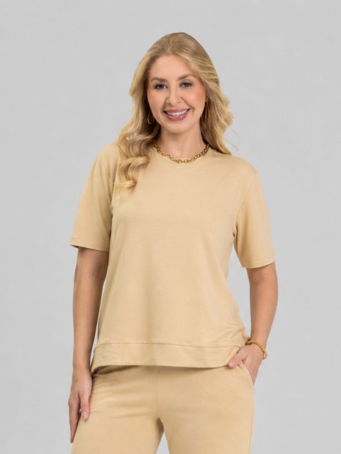 Blusa Alongada em Molecotton Premium com Abertura Lateral Bege Claro