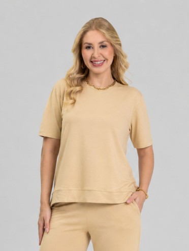 Blusa Alongada em Molecotton Premium com Abertura Lateral Bege Claro