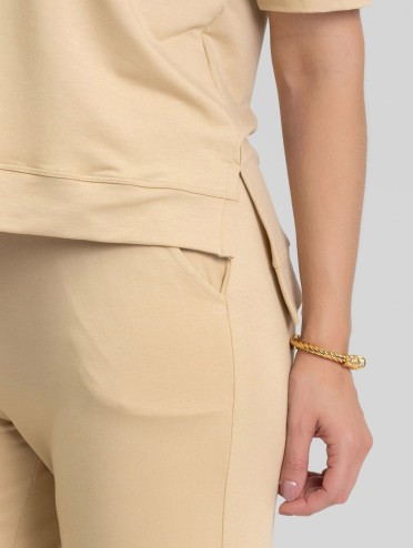 Blusa Alongada em Molecotton Premium com Abertura Lateral Bege Claro