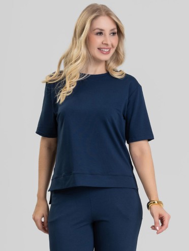 Blusa Alongada em Molecotton Premium com Abertura Lateral Marinho Resort