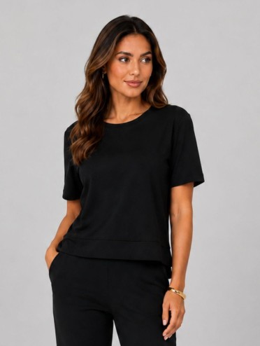 Blusa Alongada em Molecotton Premium com Abertura Lateral Preto