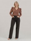 Blusa Feminina em Algodão Premium Decote V Manga Longa Bufante Elisa Marrom Cacau