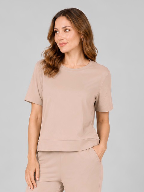 Blusa Alongada em Molecotton Premium com Abertura Lateral Cappuccino