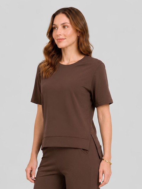 Blusa Alongada em Molecotton Premium com Abertura Lateral Marrom Café