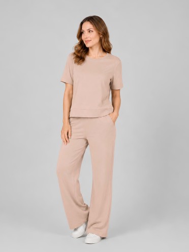 Conjunto em Molecotton de Viscose Premium com Calça Flare e Blusa Alongada Maitê Cappuccino