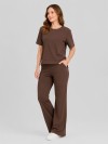 Conjunto em Molecotton de Viscose Premium com Calça Flare e Blusa Alongada Maitê Marrom Café