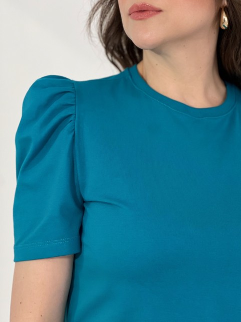 Blusa Feminina Manga Bufante de Algodão Lisa Serena Azul Turquesa