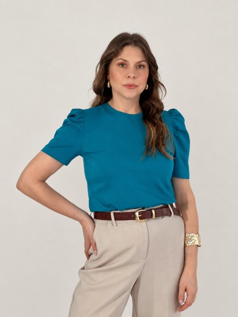 Blusa Feminina Manga Bufante de Algodão Lisa Serena Azul Turquesa