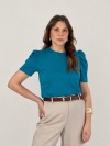 Blusa Feminina Manga Bufante de Algodão Lisa Serena Azul Turquesa