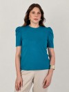Blusa Feminina Manga Bufante de Algodão Lisa Serena Azul Turquesa