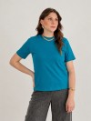 Camiseta Feminina de Algodão Lisa Manga Alongada Ana Azul Turquesa