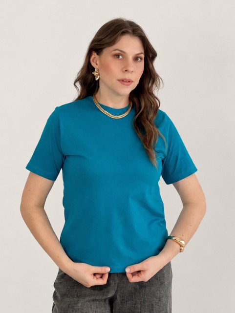 Camiseta Feminina de Algodão Lisa Manga Alongada Ana Azul Turquesa