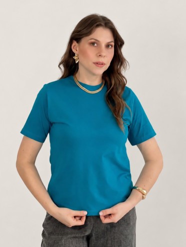 Camiseta Feminina de Algodão Lisa Manga Alongada Ana Azul Turquesa