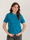 Camiseta Feminina de Algodão Lisa Manga Alongada Ana Azul Turquesa