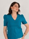 Blusa Feminina de Algodão Premium Manga Bufante Decote V Alice Azul Turquesa