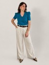Blusa Feminina de Algodão Premium Manga Bufante Decote V Alice Azul Turquesa