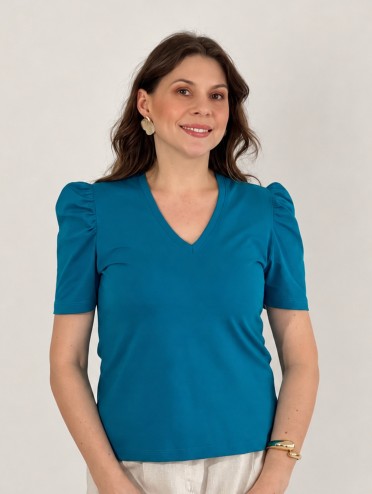 Blusa Feminina de Algodão Premium Manga Bufante Decote V Alice Azul Turquesa