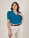 Blusa Feminina de Algodão Premium Manga Bufante Decote V Alice Azul Turquesa