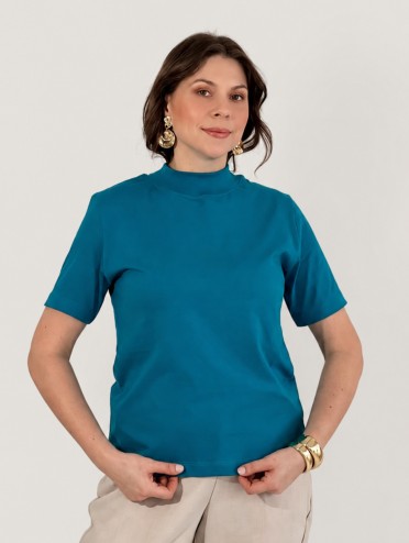Blusa Feminina Algodão Gola Alta e Manga Curta Azul Turquesa Gisele