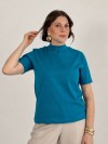 Blusa Feminina Algodão Gola Alta e Manga Curta Azul Turquesa Gisele