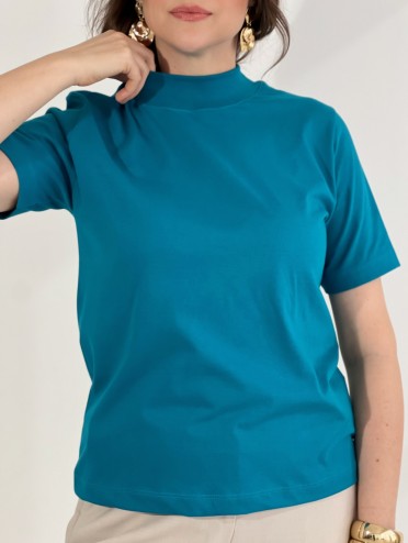 Blusa Feminina Algodão Gola Alta e Manga Curta Azul Turquesa Gisele