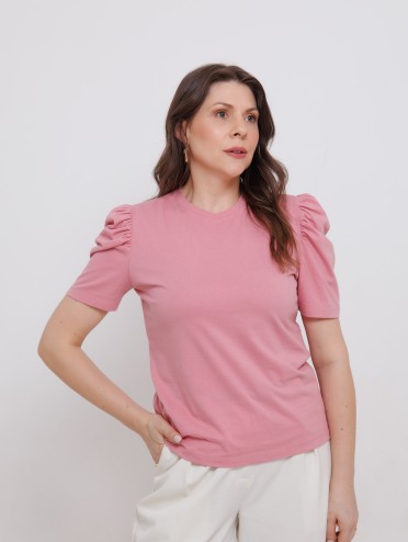 Blusa Feminina Manga Bufante de Algodão Lisa Serena Rosa Blush
