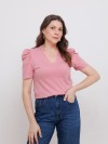 Blusa Feminina de Algodão Premium Manga Bufante Decote V Alice Rosa Blush