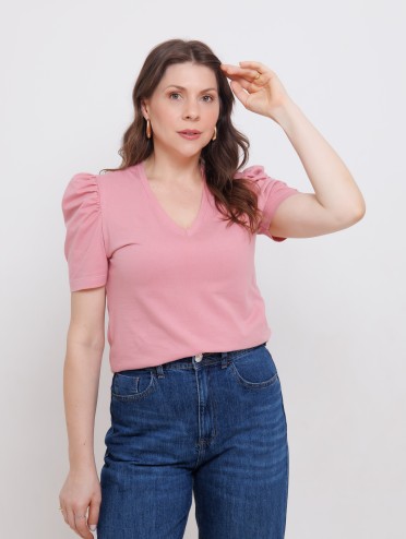 Blusa Feminina de Algodão Premium Manga Bufante Decote V Alice Rosa Blush